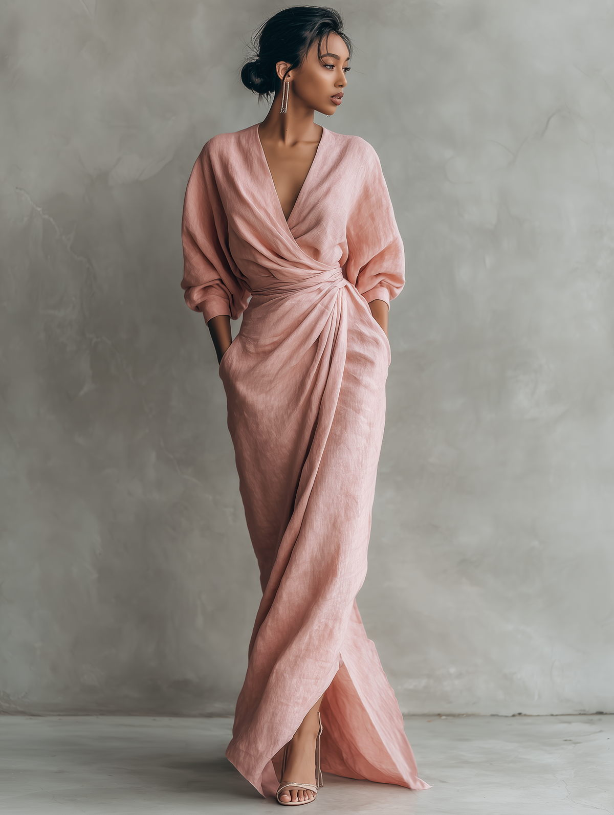 Adeline - Pink Linen Maxi Dress