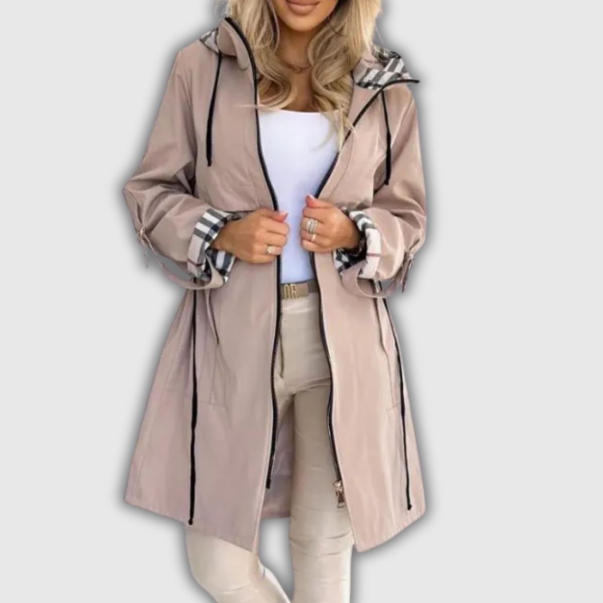 Melanie | Hooded Coat with Plaid Details