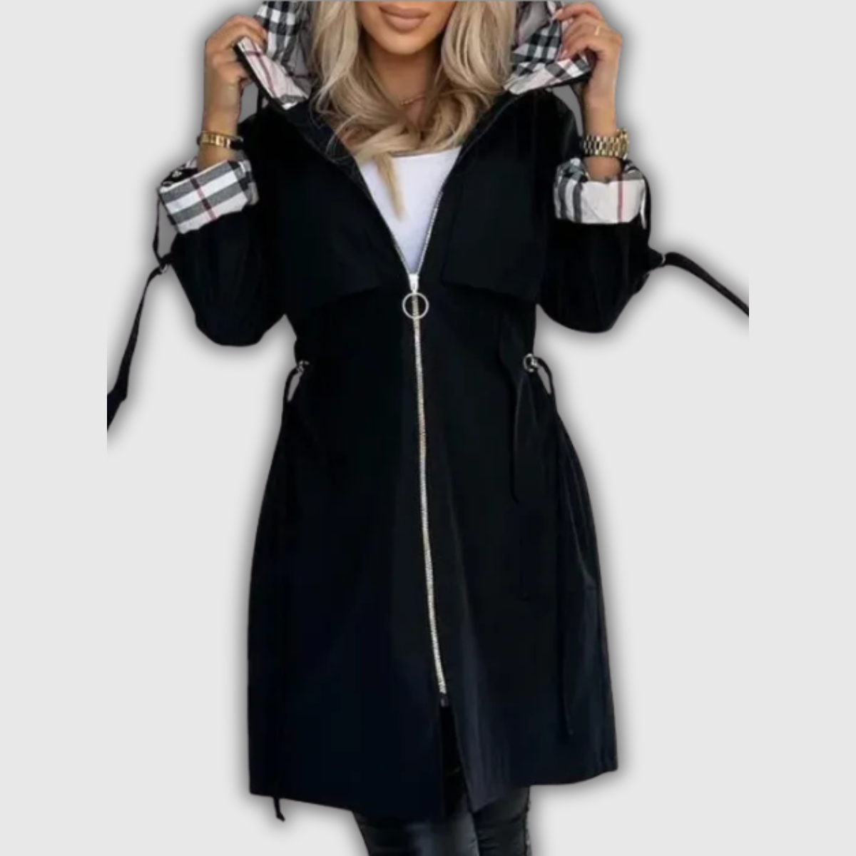 Melanie | Hooded Coat with Plaid Details