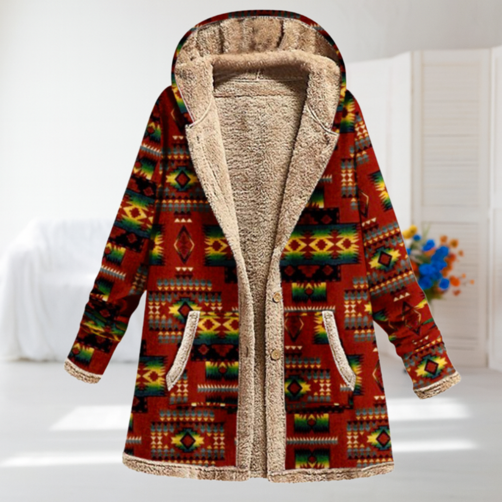 Hailey | Red Patterned Hooded Fleece Jacket