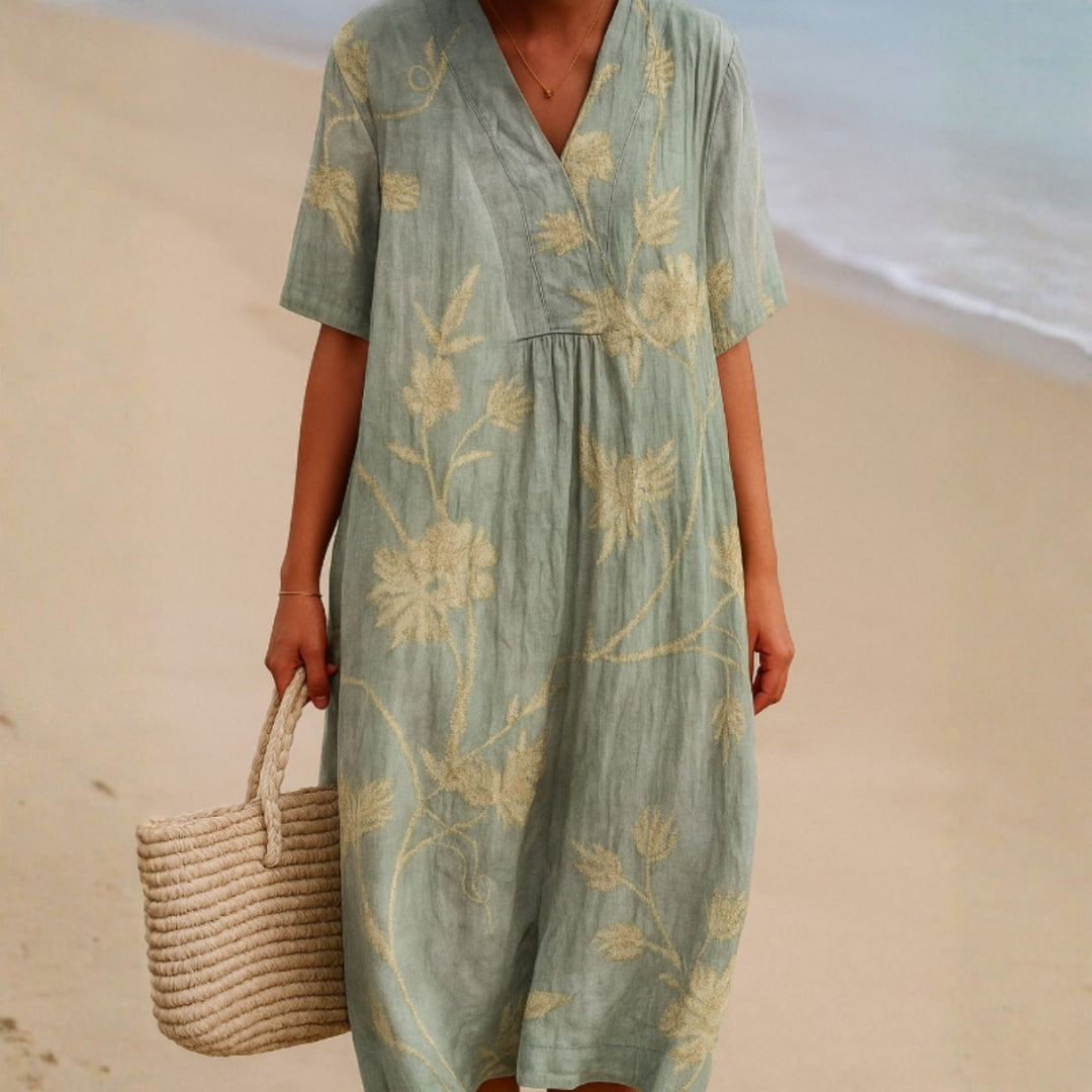 Shannon - Blue-Gray Dress with Floral Embroidery