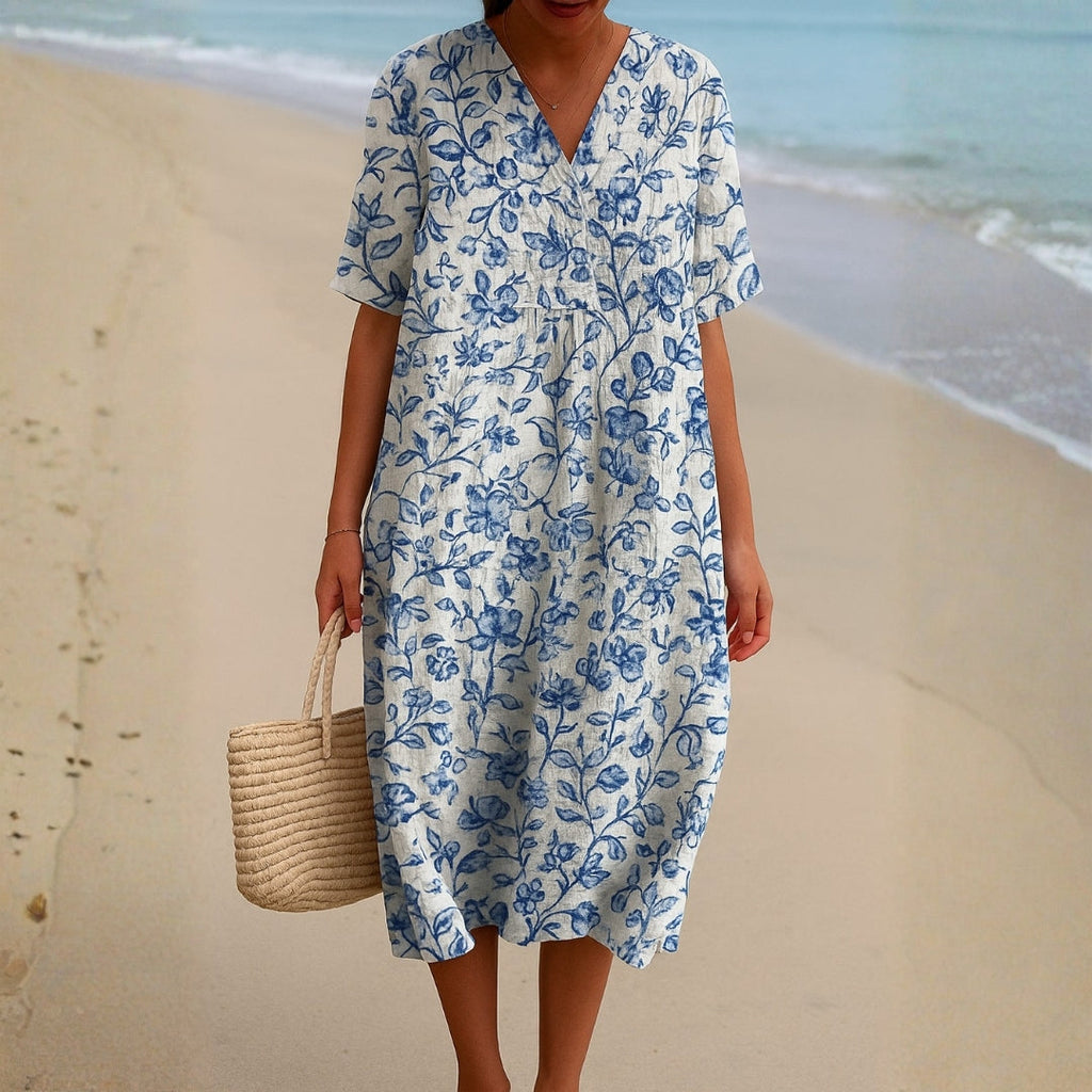 Alyssa - Ivory Dress Adorned with Porcelain Blue Floral Accents