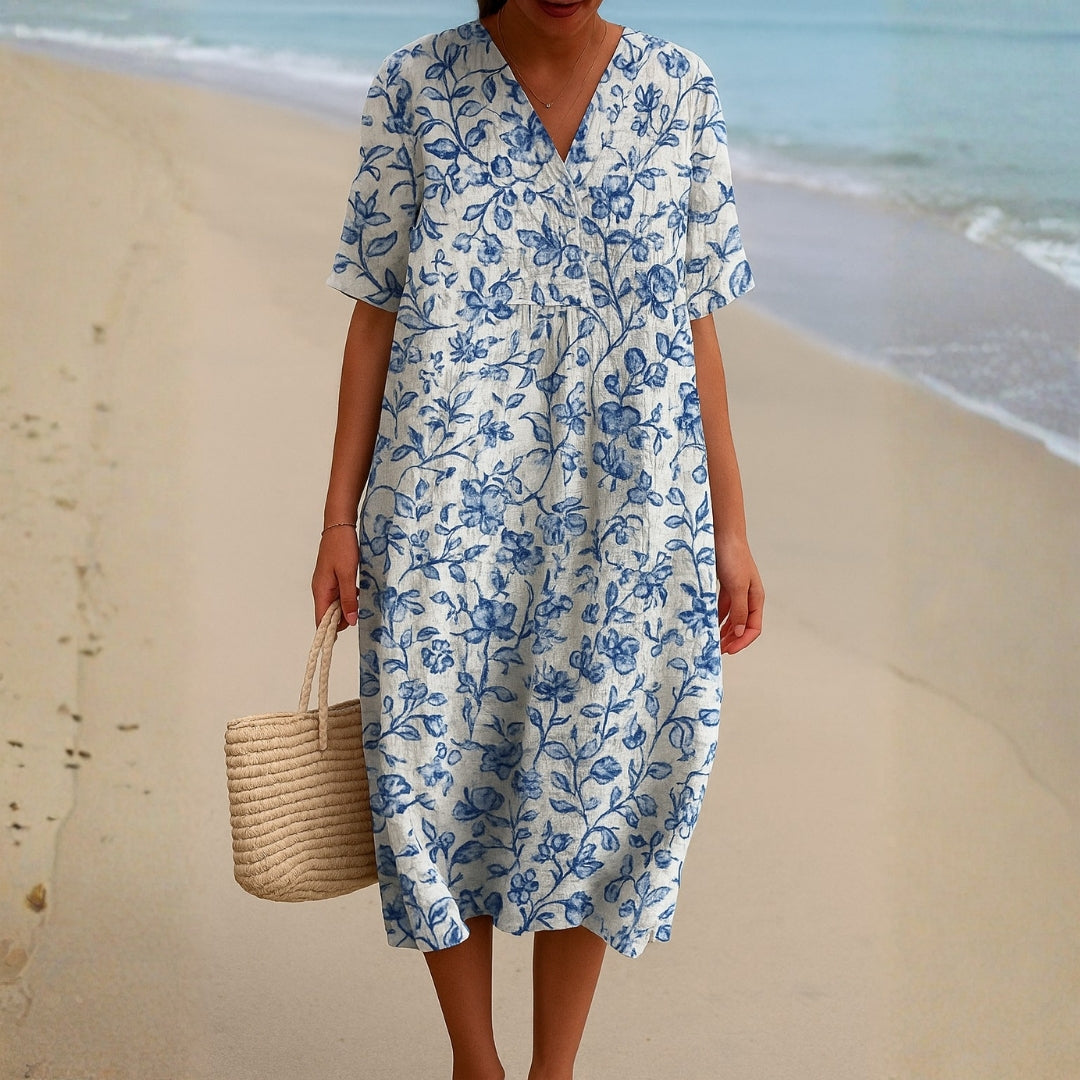 Alyssa - Ivory Dress Adorned with Porcelain Blue Floral Accents