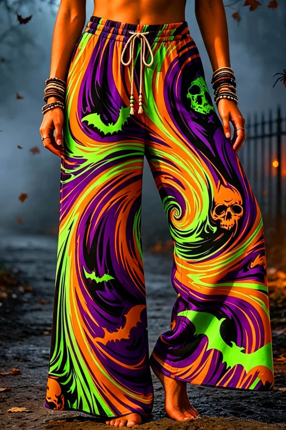 Jasmine | Halloween-Inspired Multi Swirl Skull Bat Print Elastic Waist Maxi Pants