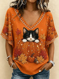Cora | Halloween Casual Cat V Neck Short Sleeve T-shirt