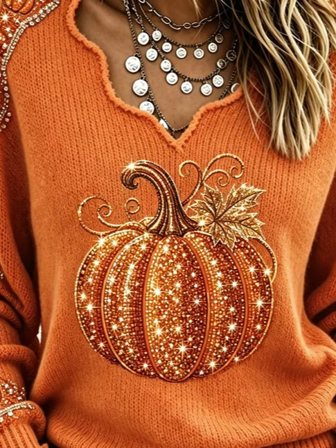 Julia | Halloween Vintage Pumpkin Pattern V Neck Long Sleeve T-shirt