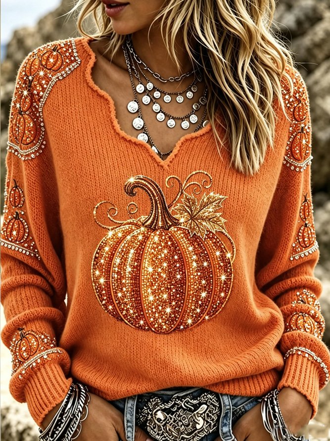 Julia | Halloween Vintage Pumpkin Pattern V Neck Long Sleeve T-shirt