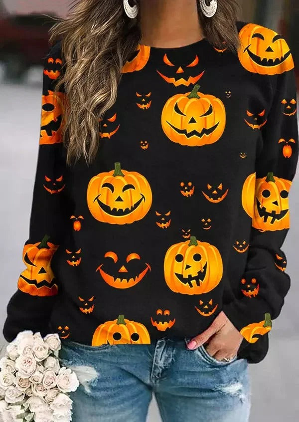 Elsie | Halloween-Inspired Pumpkin Print Loose Round Neck Sweatshirt
