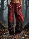Holly | Halloween-Inspired Red Black Spider Web Rose Print Drawstring Elastic Waist Long Pants