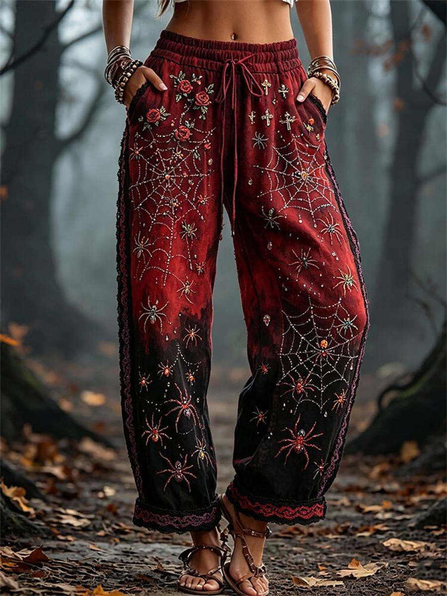 Holly | Halloween-Inspired Red Black Spider Web Rose Print Drawstring Elastic Waist Long Pants