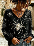 Matilda | Halloween-Inspired Black Spider Web Pearl Print V Neck Long Sleeve Blouse