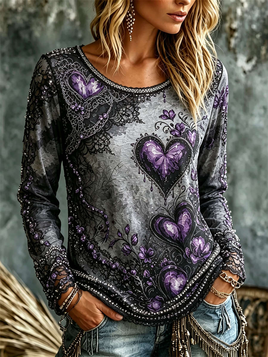 Joanna | Halloween-Inspired Grey Purple Heart Floral Lace Splicing Round Neck Long Sleeve Top