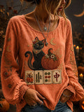 Alma | Halloween-Inspired Orange Black Cat Pumpkin Mahjong Print Round Neck Long Sleeve Blouse