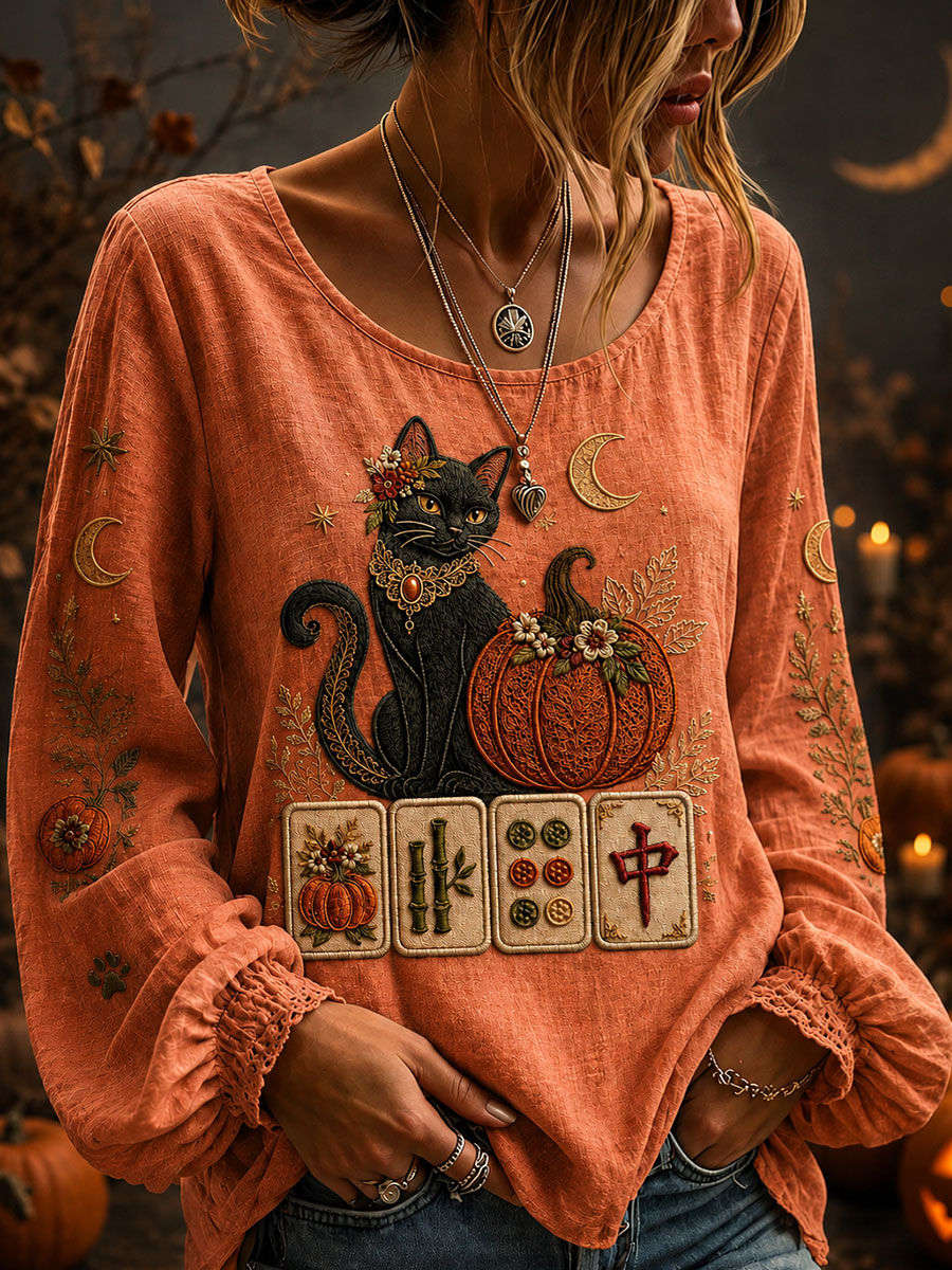Alma | Halloween-Inspired Orange Black Cat Pumpkin Mahjong Print Round Neck Long Sleeve Blouse