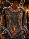 Isla | Halloween-Inspired Dark Grey Spider Web Floral Print Round Neck Long Sleeve Blouse