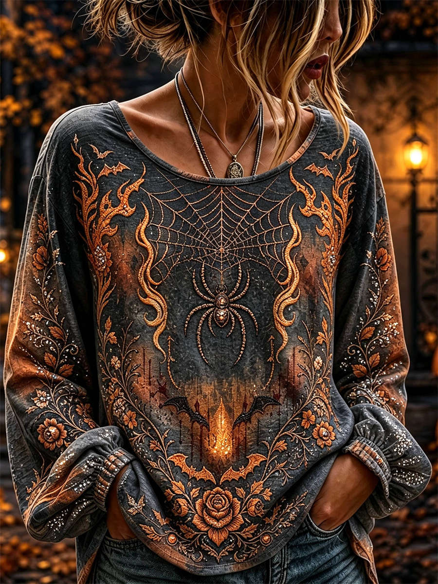 Isla | Halloween-Inspired Dark Grey Spider Web Floral Print Round Neck Long Sleeve Blouse