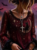 Eleonora | Halloween-Inspired Burgundy Black Cat Moon Print Round Neck Long Sleeve Blouse