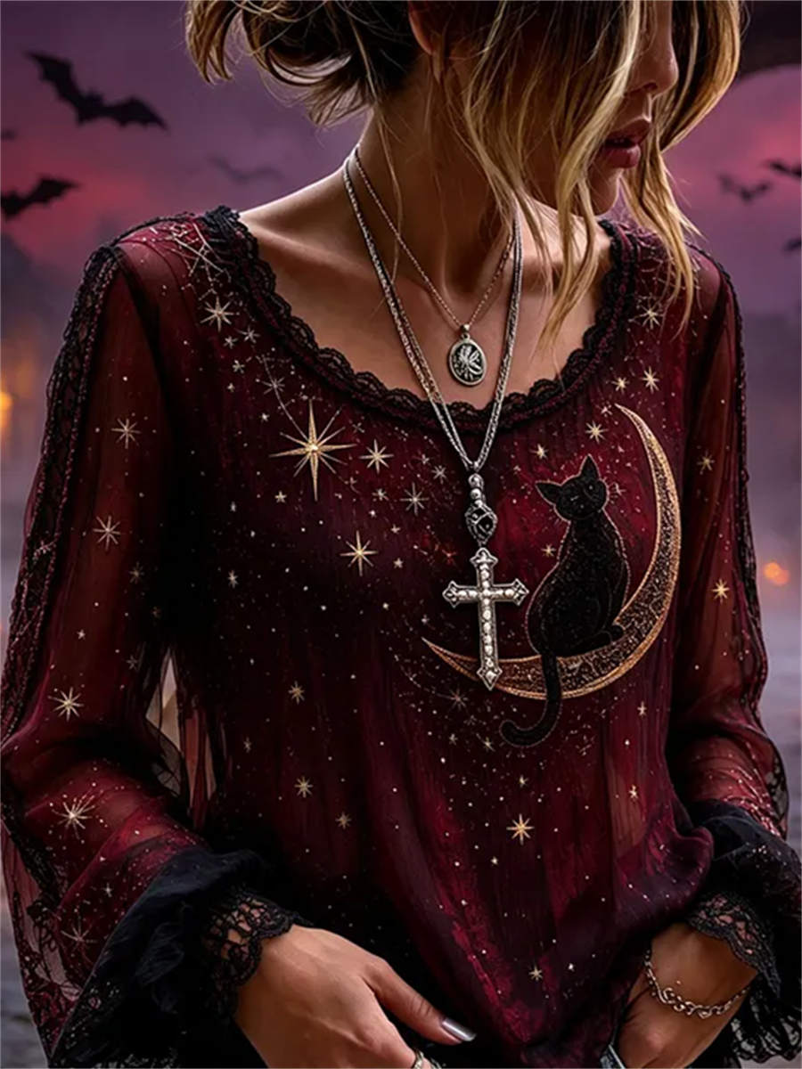 Eleonora | Halloween-Inspired Burgundy Black Cat Moon Print Round Neck Long Sleeve Blouse