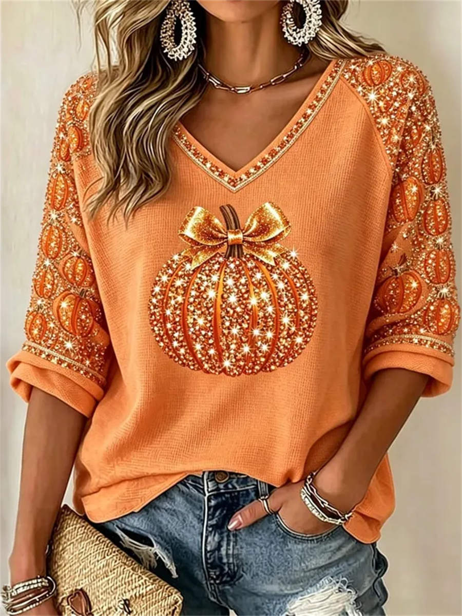 Olivia | Halloween-Inspired Orange Bow Pumpkin Print V Neck Three-Quarter Sleeve Blouse