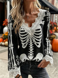 Lucy | Halloween-Inspired Black Skeleton Lace V Neck Long Sleeve Blouse