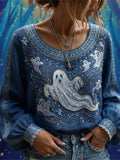 Georgia | Halloween-Inspired Blue Ghost Print Round Neck Long Sleeve Blouse