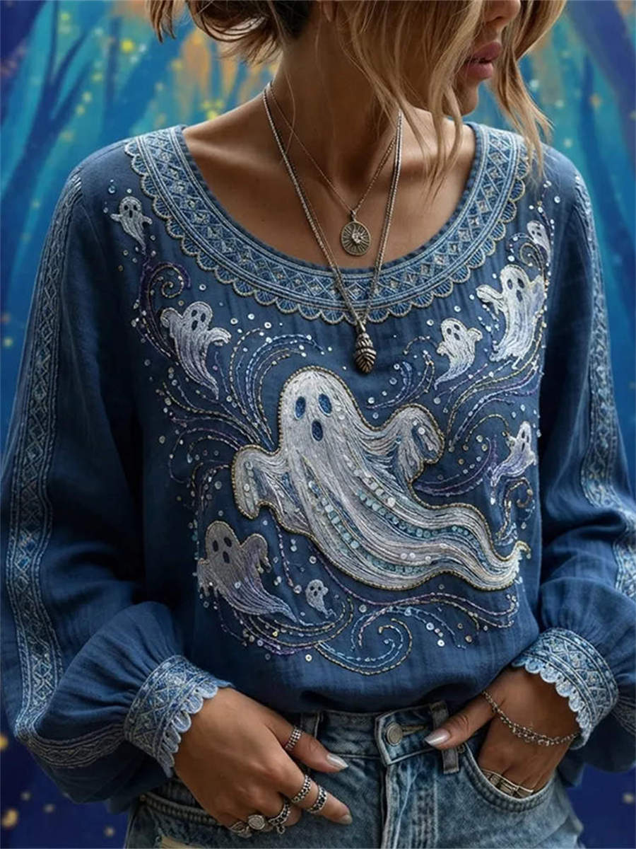 Georgia | Halloween-Inspired Blue Ghost Print Round Neck Long Sleeve Blouse