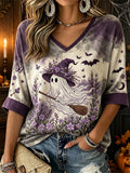 Alessandra | Halloween-Inspired Purple Ghost Witch Floral Print V Neck Three-Quarter Sleeve Blouse
