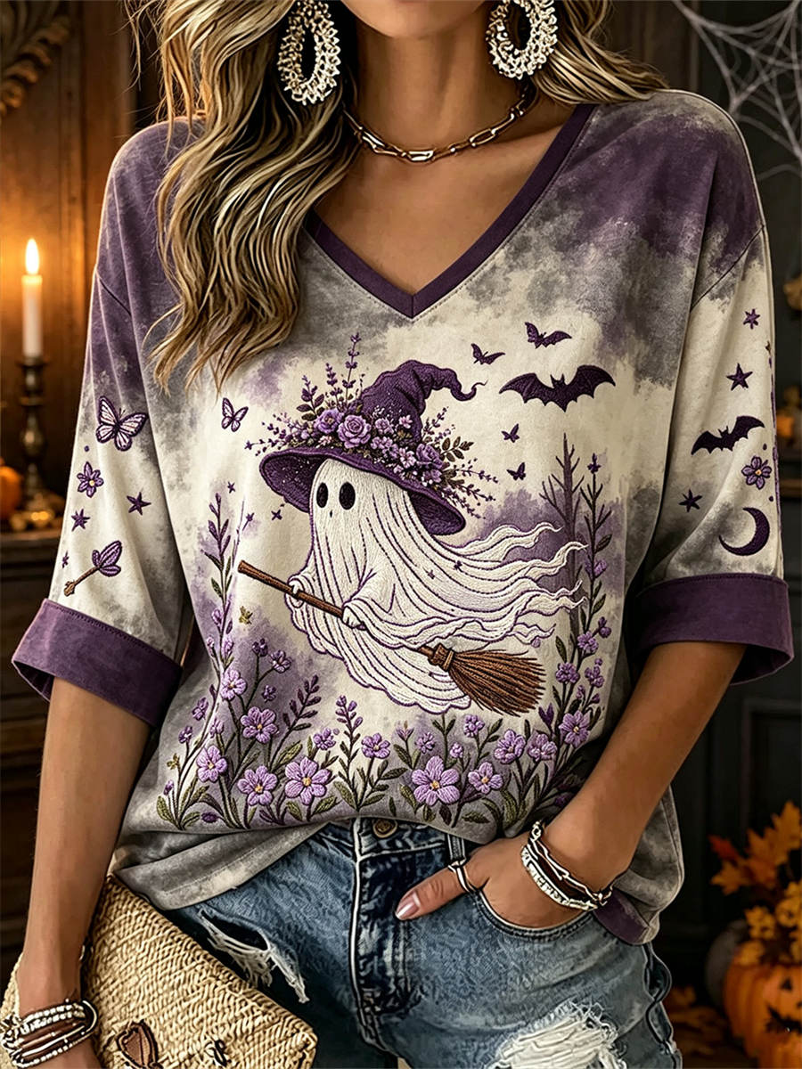 Alessandra | Halloween-Inspired Purple Ghost Witch Floral Print V Neck Three-Quarter Sleeve Blouse