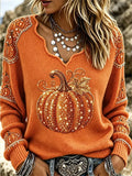 Jade | Halloween-Inspired Orange Pumpkin Maple Leaf Print V Neck Long Sleeve Sweater
