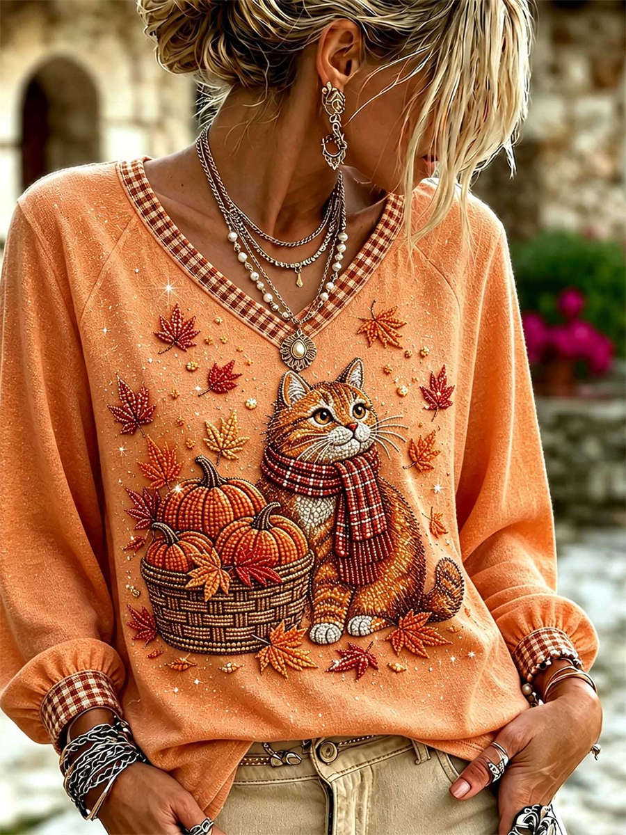Bianca | Halloween-Inspired Orange Cat Pumpkin Maple Leaf Print V Neck Long Sleeve Top
