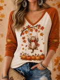 Elena | Halloween Orange White Cat Pumpkin V Neck Long Sleeve Top