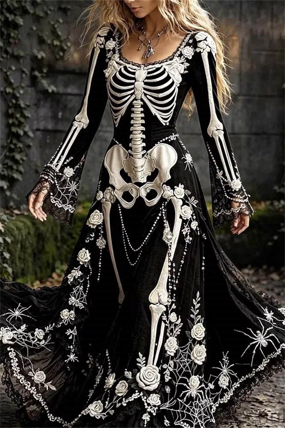 Violet | Halloween-Inspired Black Skeleton Floral Square Neck Long Sleeve Maxi Dress