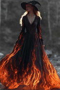 Margaret | Halloween-Inspired Black Flame Print V Neck Long Sleeve Maxi Dress