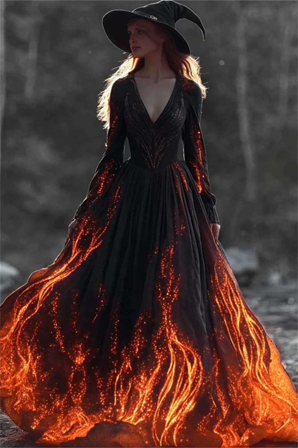 Margaret | Halloween-Inspired Black Flame Print V Neck Long Sleeve Maxi Dress