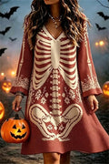 Florence | Halloween-Inspired Multi Skeleton Print V Neck Long Sleeve Mini Dress