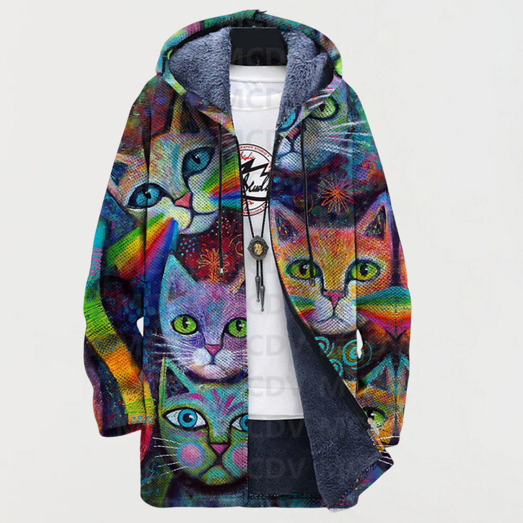 Rike | Colorful Cat-Print Hooded Cardigan