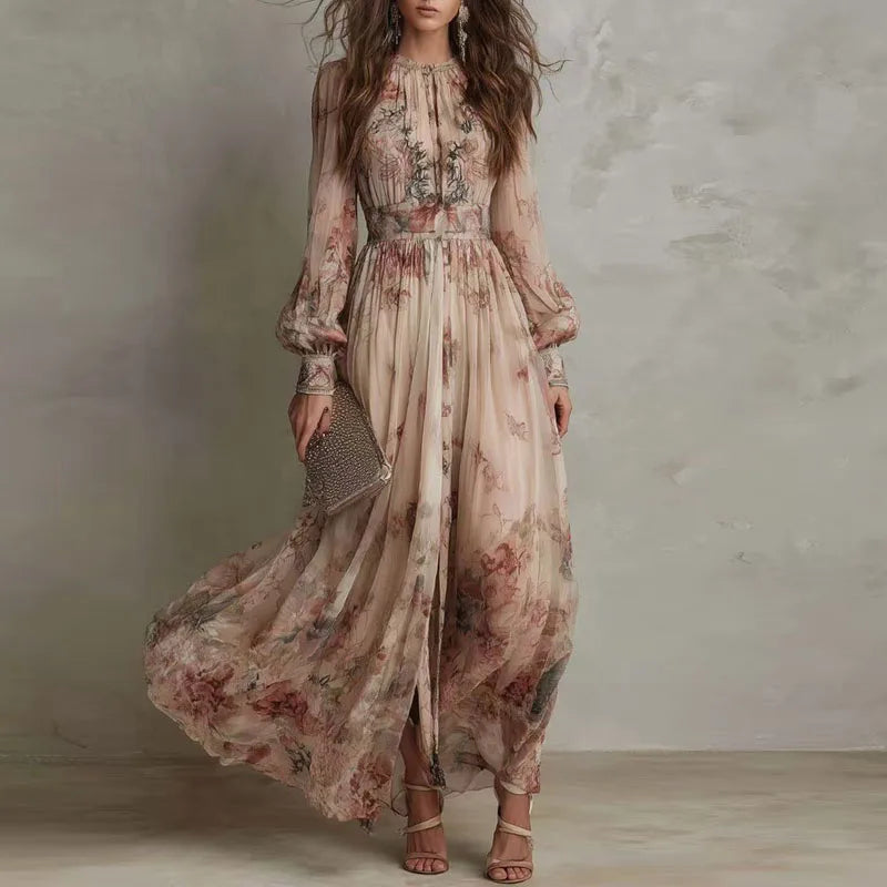 Robin - Vintage Floral Print High Waist Pleated Long Dress
