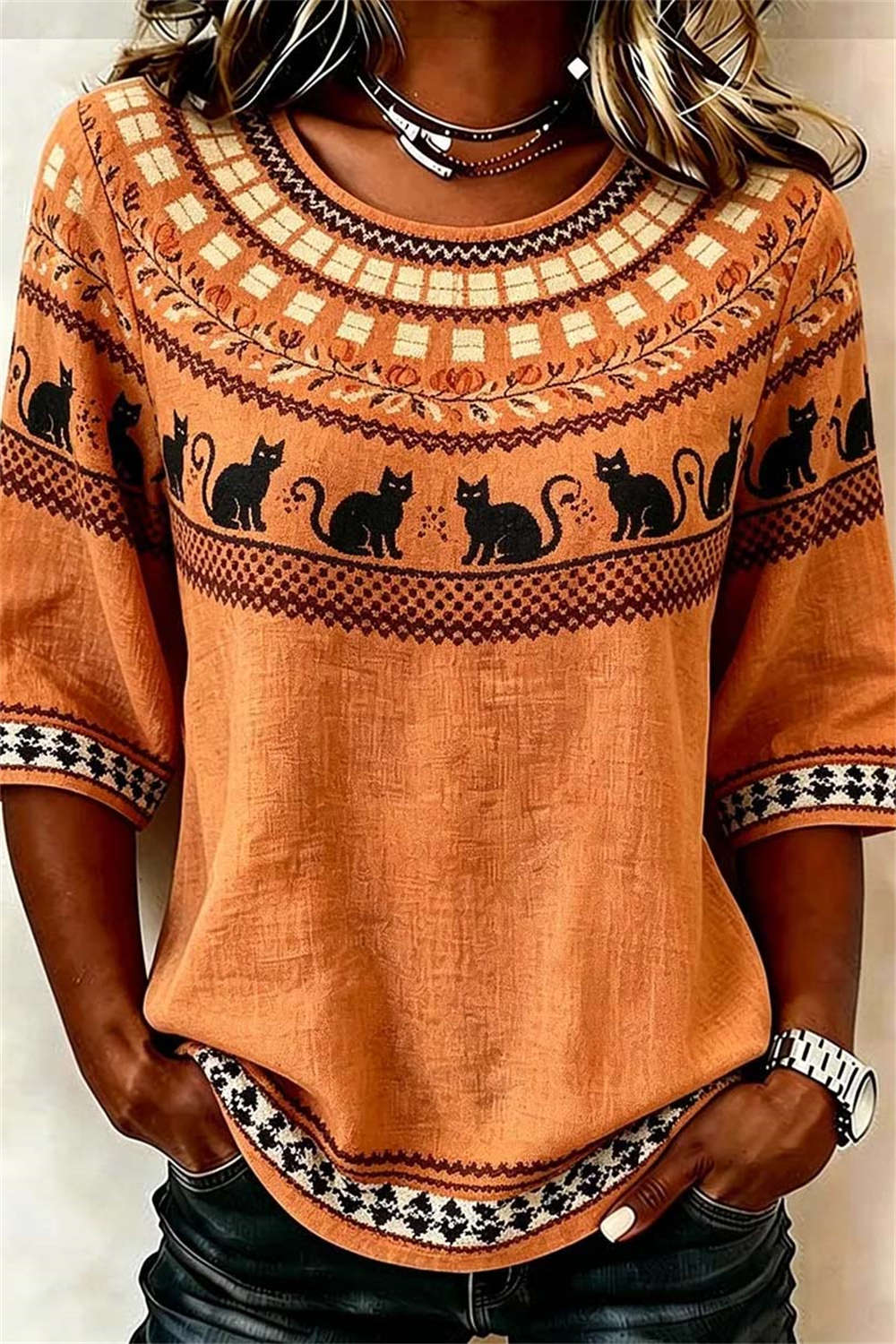 Sabrina | Halloween-Inspired Orange Black Cat Print Round Neck Half Sleeve Blouse