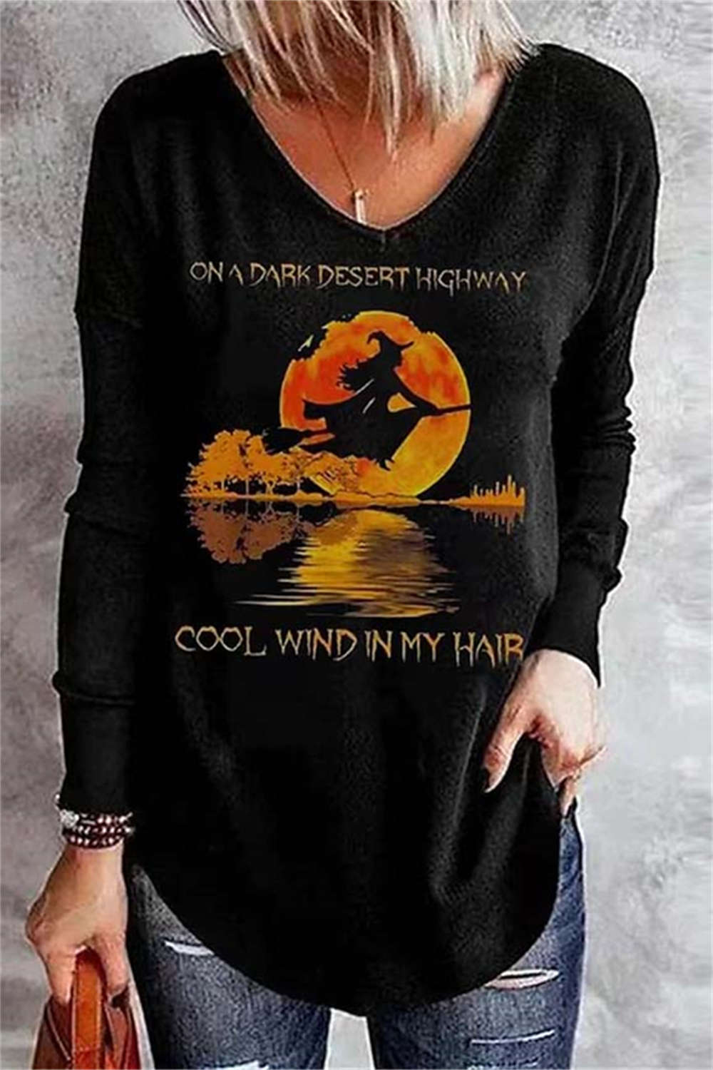 Tatiana | Halloween-Inspired Black Witch Letter Print V Neck Blouse