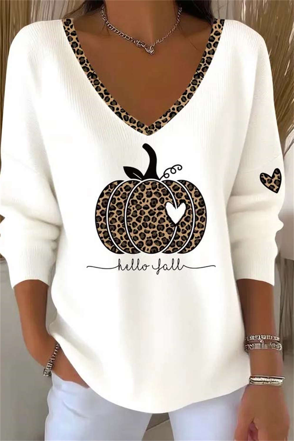 Elisa | Halloween-Inspired White Leopard Pumpkin V Neck Long Sleeve Top
