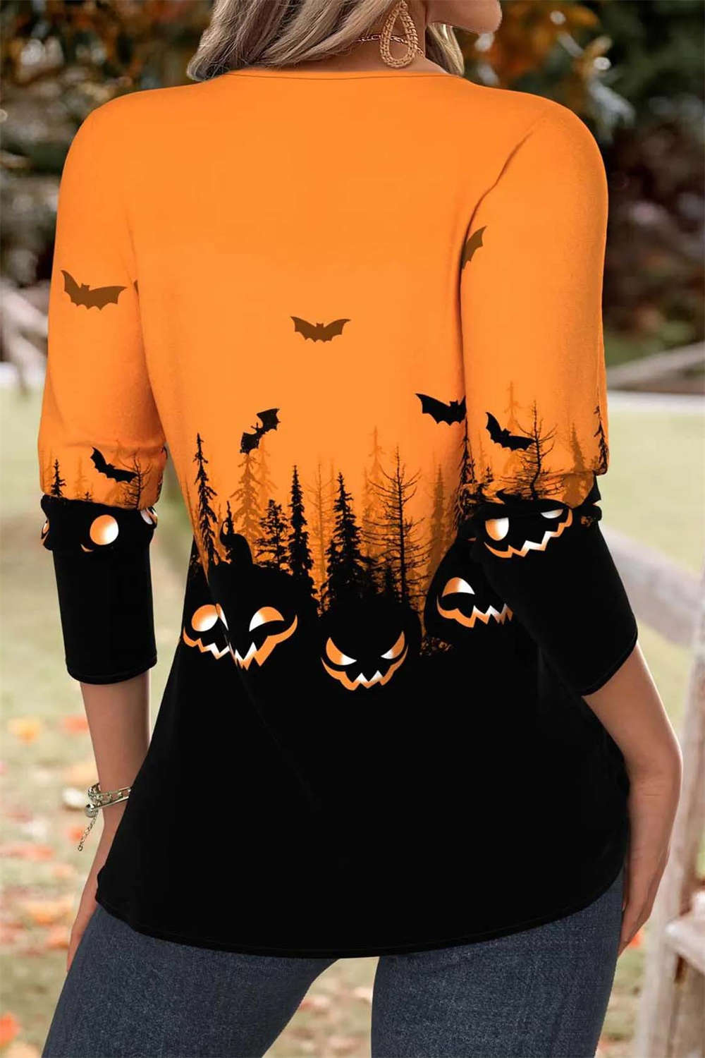 Yara | Halloween-Inspired Orange Halloween Split Neck Long Sleeve Blouse