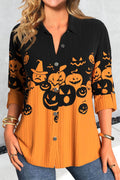 Hannah | Halloween-Inspired Black Orange Pumpkin Print Shirt Collar Long Sleeve Blouse