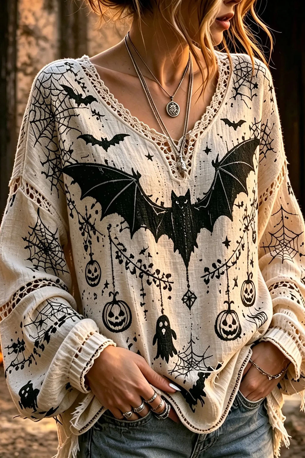 Abigail | Halloween-Inspired Cream Bat Ghost Pumpkin Lace V Neck Long Sleeve Blouse