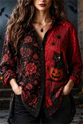 Elaine | Halloween-Inspired Black Red Cat Pumpkin Print Lapel Collar Long Sleeve Shirt