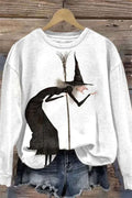 Rebecca | White Halloween-Inspired Witch Print Round Neck Sweatshirt