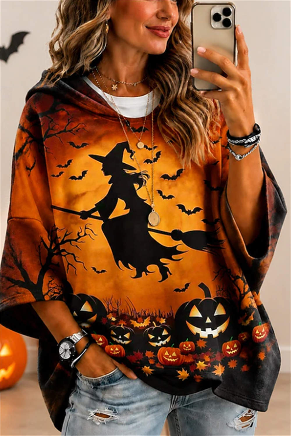 Emilia | Halloween-Inspired Multi Witch Pumpkin Bat Print Hooded Three Quarter Sleeve Hoodie