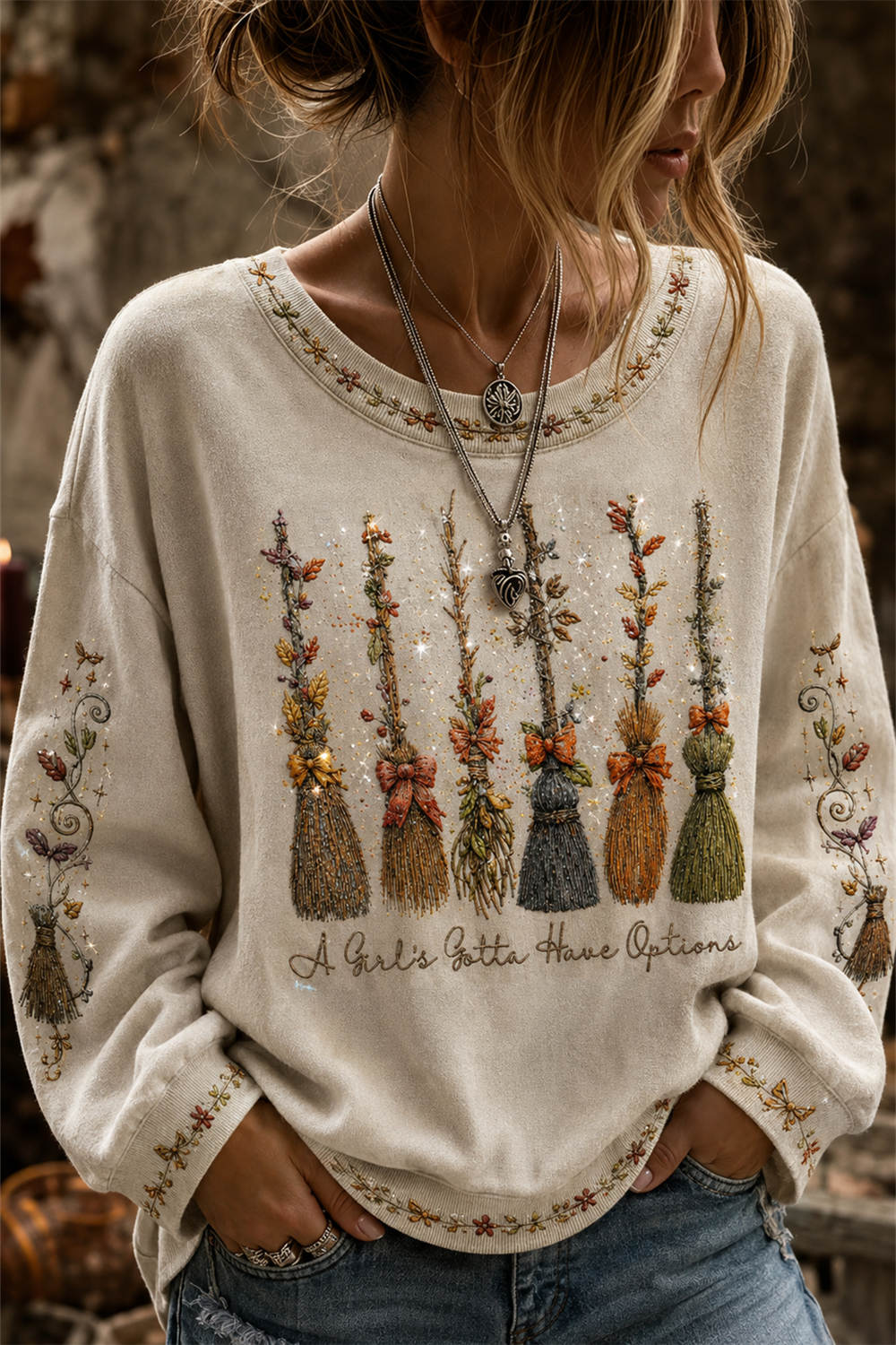 Lauren | Halloween-Inspired Beige Broom Print Round Neck Sweatshirt
