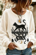 Kiara | Halloween-Inspired Cream Black Cat Skeleton Print Round Neck Long Sleeve Sweatshirt