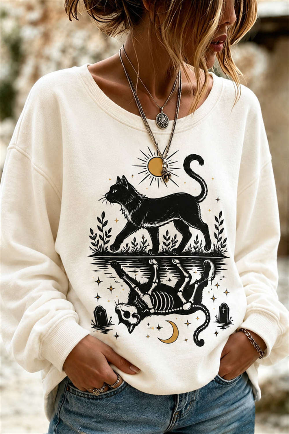 Kiara | Halloween-Inspired Cream Black Cat Skeleton Print Round Neck Long Sleeve Sweatshirt