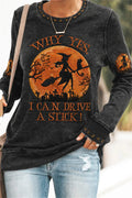 Leah | Halloween-Inspired Black Witch Moon Print Round Neck Long Sleeve Sweatshirt